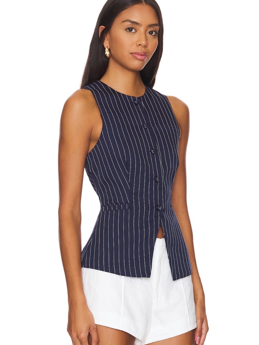 Sleeveless Navy Pinstripe Button-Front vest Top